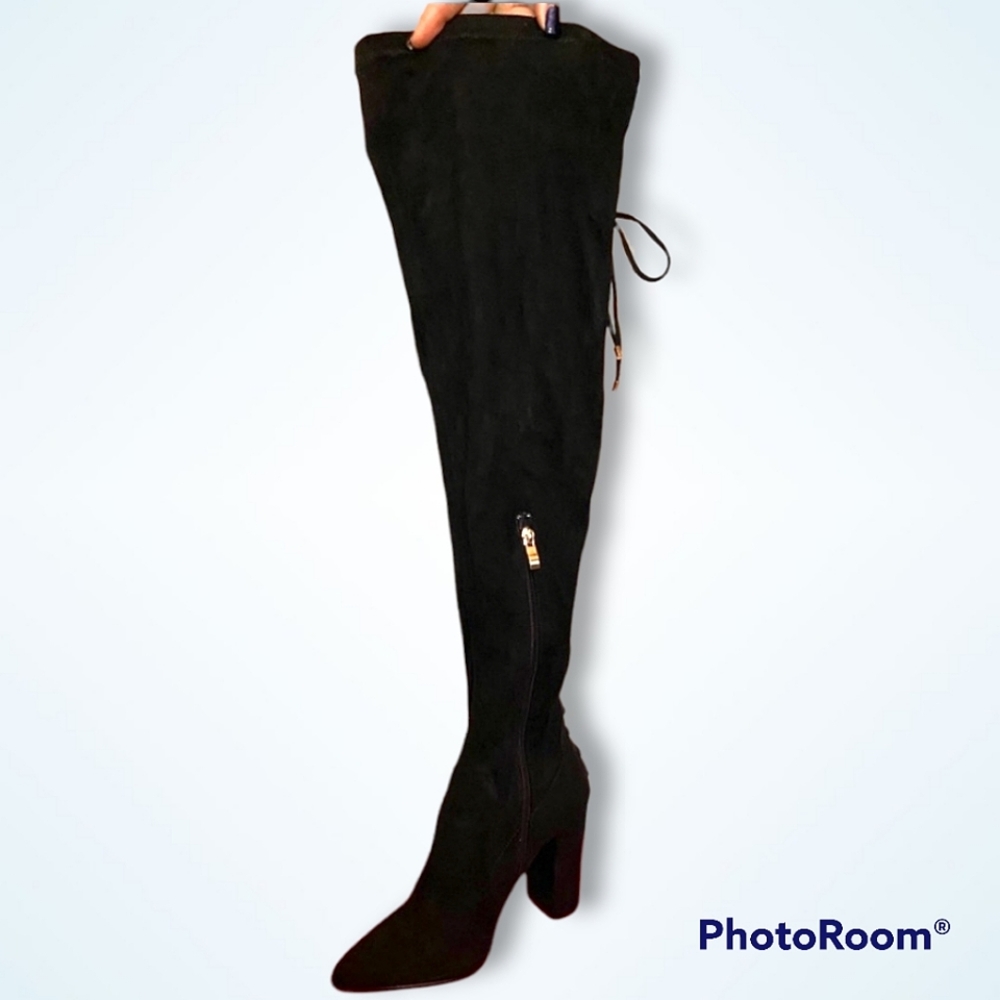 NIB! Evanna Black Suede Over the Knee Chunky Heel Boots, Sz 9½